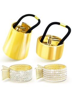 RechicGu 4 Pieces Metal Ponytail Cuff Set Gold Circle Hair Cuffs Pearl Rhinestones Hair Clips Elastic Hair Tie Fashion Gothic Punk Hair Holder Accessory  - Image 1