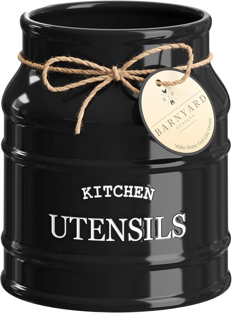 BARNYARD DESIGNS Ceramic Farmhouse Utensil Holder for Kitchen Counter, Large Rustic Utensil Crock, Countertop Cooking Tool Spatula Organizer, 6.75” (Black) - Image 1