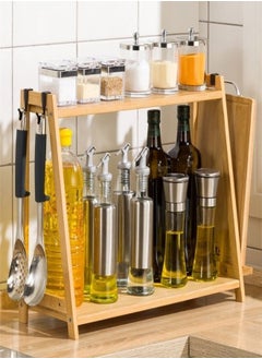 fashionhome 2 Layers Lightweight Durable Bamboo Kitchen Storage Shelf Bottle Rack Organizer with Hooks 55x20x39 cm  - Image 1