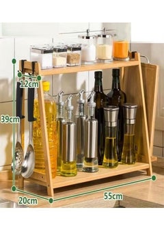 fashionhome 2 Layers Lightweight Durable Bamboo Kitchen Storage Shelf Bottle Rack Organizer with Hooks 55x20x39 cm  - Image 4