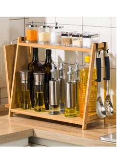 fashionhome 2 Layers Lightweight Durable Bamboo Kitchen Storage Shelf Bottle Rack Organizer with Hooks 55x20x39 cm  - Image 2