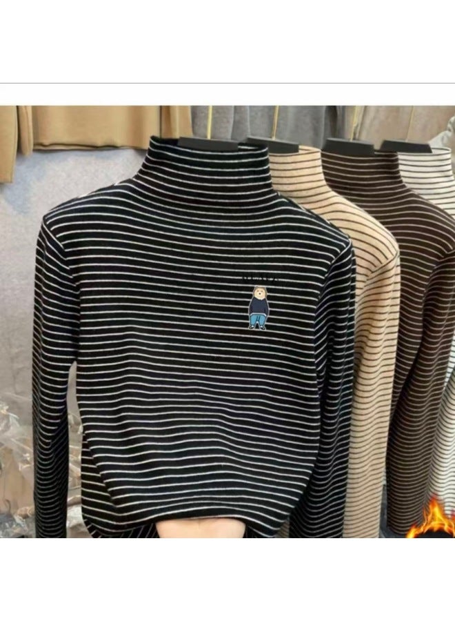 Children's Velvet Base Layer Shirt Semi-turtle Neck Long Sleeve T-shirt Trendy Simple Striped Top Velvet Warm Shirt For Boys And Girls