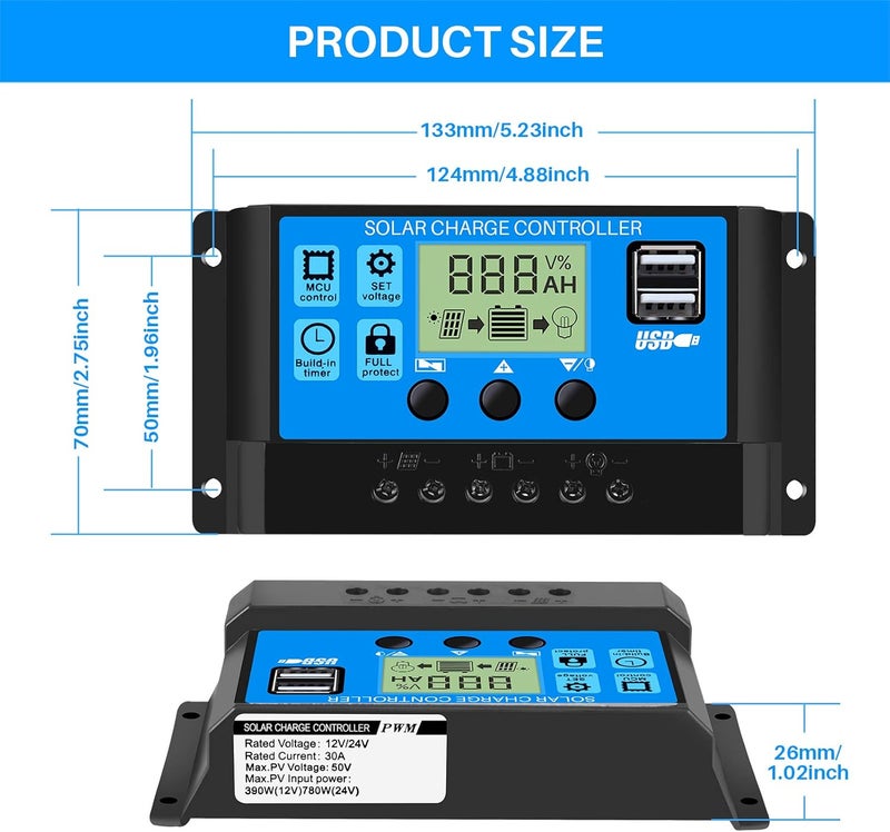 Thlevel 30A PWM Solar Charge Controller 12V/24V Smart Solar Panel Regulator Solar Charge with LCD Display and Suitable for Lead Batteries - Image 2