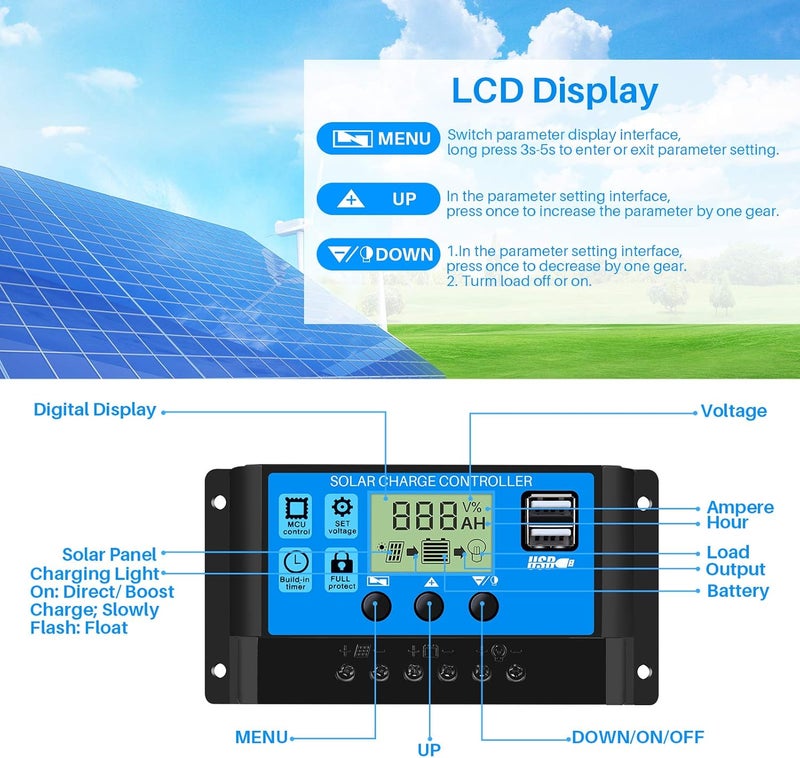 Thlevel 30A PWM Solar Charge Controller 12V/24V Smart Solar Panel Regulator Solar Charge with LCD Display and Suitable for Lead Batteries - Image 4