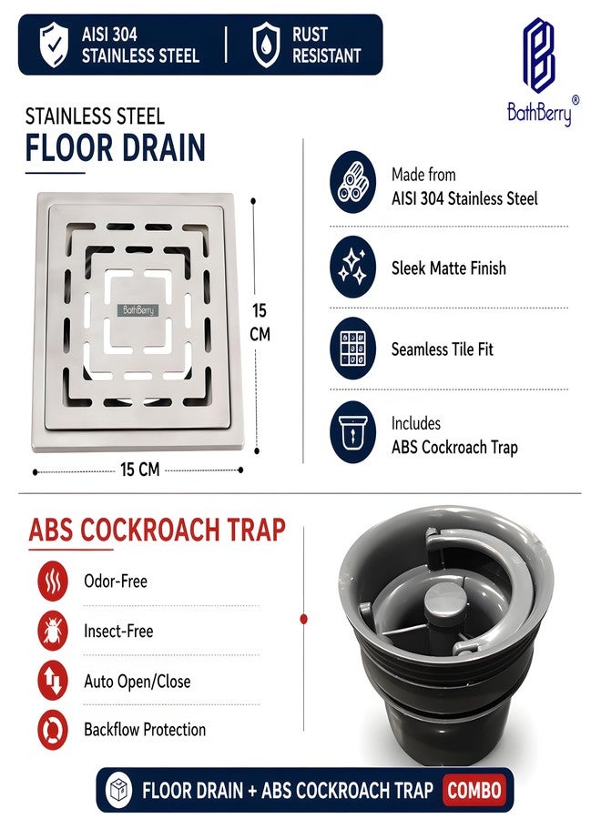 Bath Berry® 6x6 Stainless Steel Floor Drain with ABS Cockroach Trap, AISI 304 Rust Resistant Bathroom Jali, Odor Proof, Anti-Backflow, Matte Finish for Bathroom, Balcony & Utility - Image 5