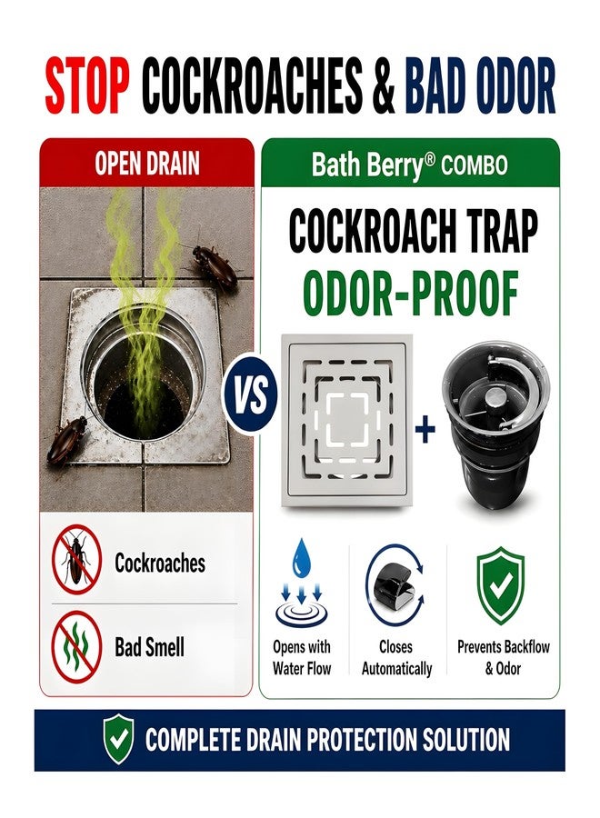 Bath Berry® 6x6 Stainless Steel Floor Drain with ABS Cockroach Trap, AISI 304 Rust Resistant Bathroom Jali, Odor Proof, Anti-Backflow, Matte Finish for Bathroom, Balcony & Utility - Image 2