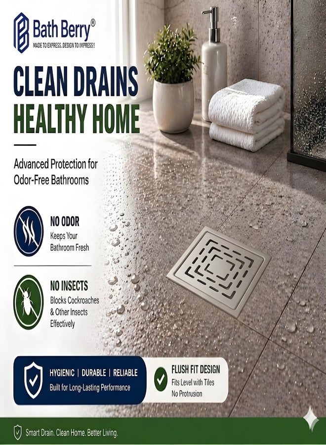 Bath Berry® 6x6 Stainless Steel Floor Drain with ABS Cockroach Trap, AISI 304 Rust Resistant Bathroom Jali, Odor Proof, Anti-Backflow, Matte Finish for Bathroom, Balcony & Utility - Image 4