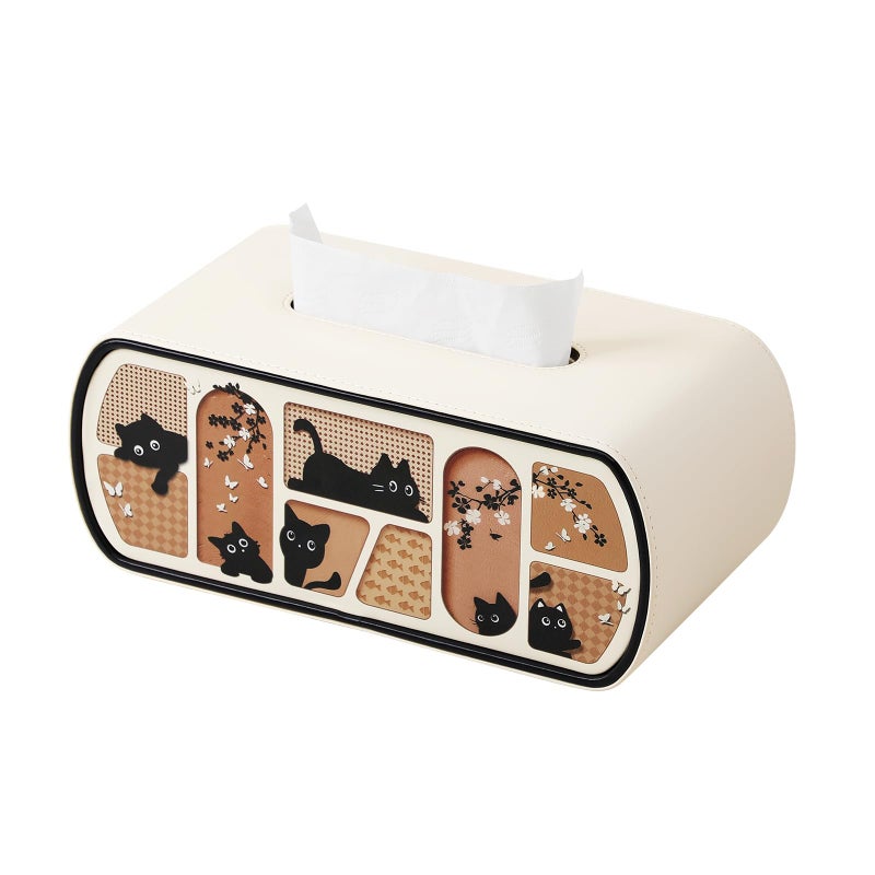 MEIBOOCH Cat-Themed Tissue Box Cover Rectangle, Stylish Tissue Holder for up to 4 Inches High Boxes, Curved Edge Tissue Box Holder (Beige) - Image 1