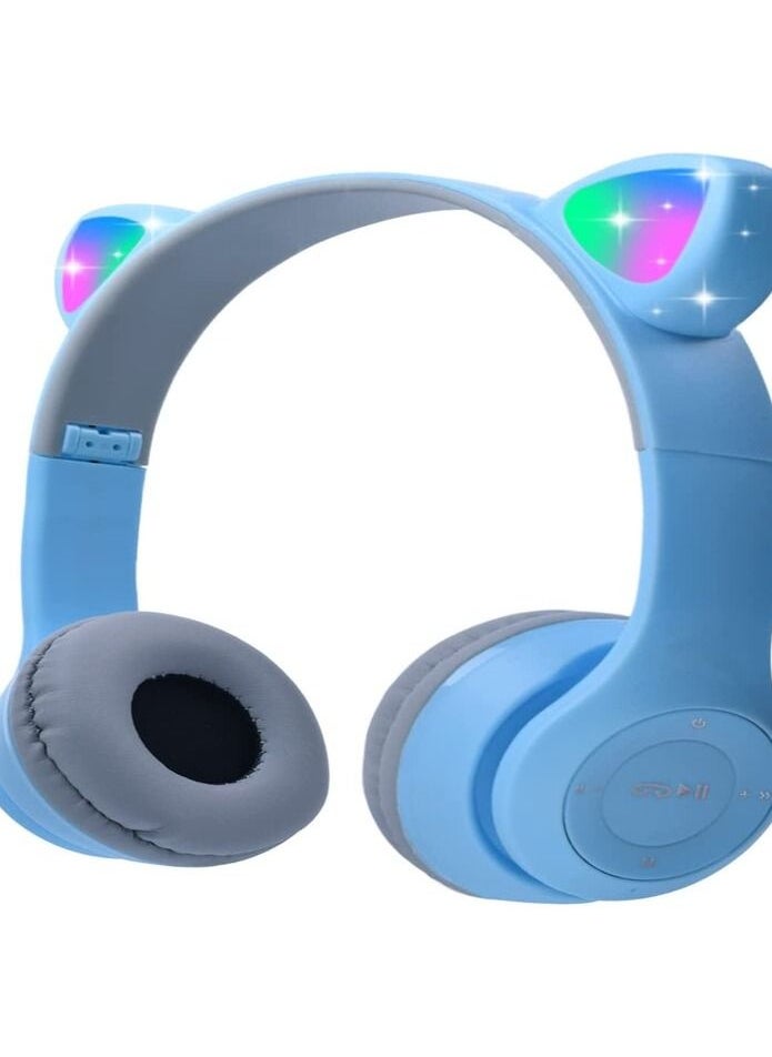 P47 Kids Wireless Headphones, Megadream Bluetooth Over Ear Headphones with Microphone, Cat Ear LED Light Child Headset TF Card/Wired Foldable Earphones for Girls Boys Gift Age 7+(Blue)  - Image 1