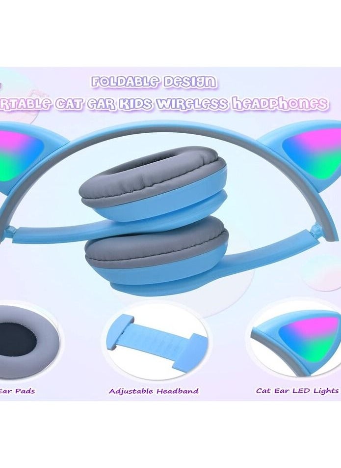 P47 Kids Wireless Headphones, Megadream Bluetooth Over Ear Headphones with Microphone, Cat Ear LED Light Child Headset TF Card/Wired Foldable Earphones for Girls Boys Gift Age 7+(Blue)  - Image 2