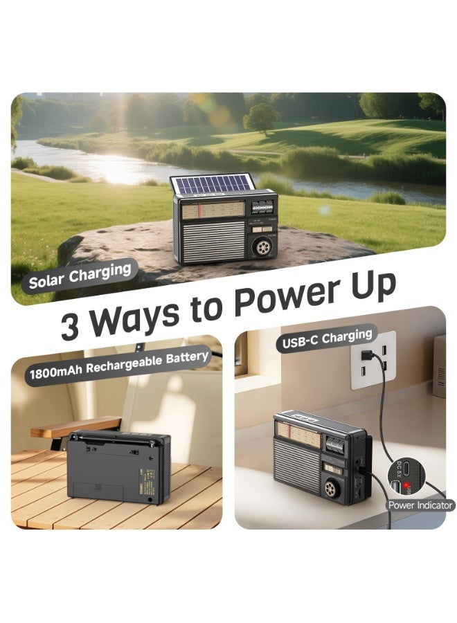 راديو محمول عتيق، مكبر صوت بلوتوث كلاسيكي، FM/AM/SW، تشغيل بطاقة TF/USB، راديو يعمل ببطارية USB-C/طاقة شمسية، حبل ، أجهزة راديو ترانزستور، أجهزة راديو صغيرة - Image 5