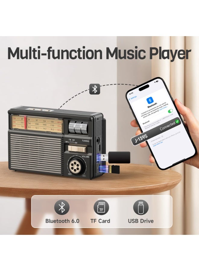 راديو محمول عتيق، مكبر صوت بلوتوث كلاسيكي، FM/AM/SW، تشغيل بطاقة TF/USB، راديو يعمل ببطارية USB-C/طاقة شمسية، حبل ، أجهزة راديو ترانزستور، أجهزة راديو صغيرة - Image 3