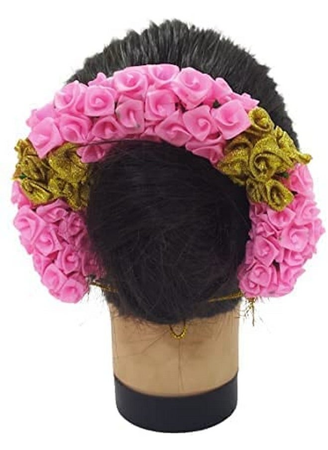 advancedestore - advancedestore Bridal Flower Bun Hair Gajra Accessories For South Indian Wedding, Juda Decoration Gajra - (1 Pcz) (Lite Pink-Gold) Head Band (LIte Pink) - Image 1