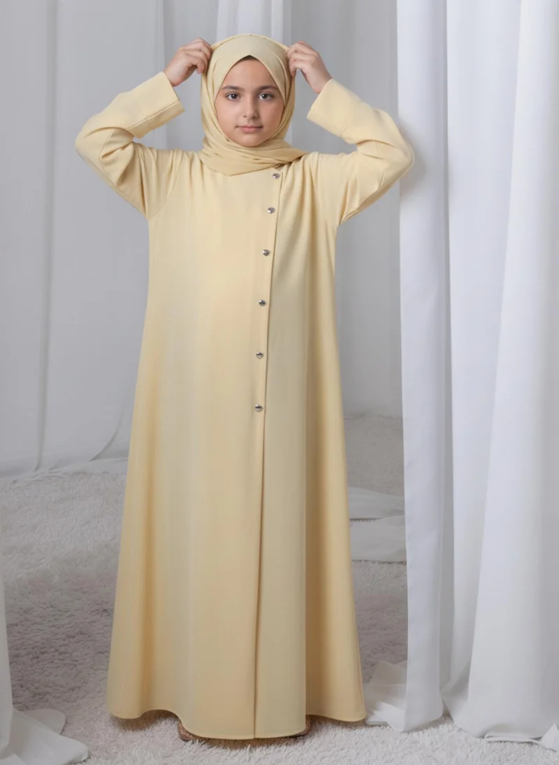 MSquare Fashion Pastel Yellow Kids Abaya with Matching Hijab for Girls Korean Nida Fabric Modest Islamic Dress 8 Colors Available