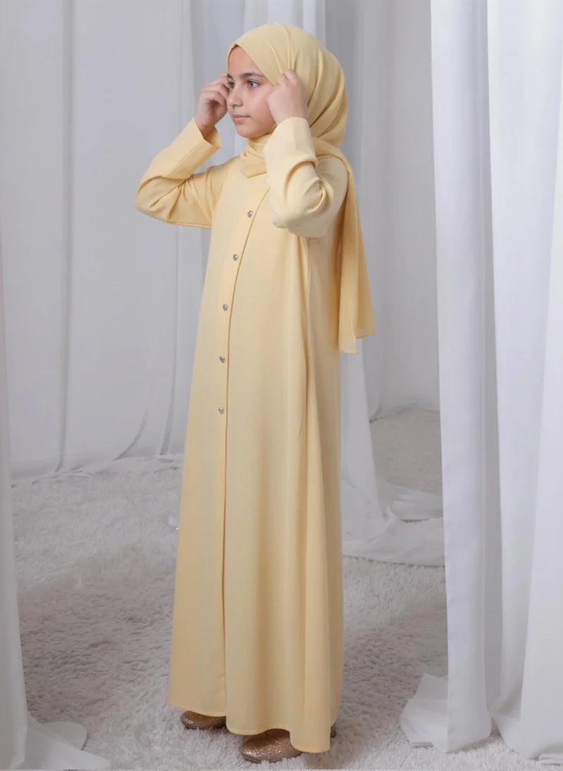 MSquare Fashion Pastel Yellow Kids Abaya with Matching Hijab for Girls Korean Nida Fabric Modest Islamic Dress 8 Colors Available
