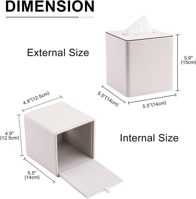 KINGFOM Leather Tissue Box Cover – Square Modern PU Leather Tissue Holder, Cube Tissue Dispenser for Home, Office, Bedroom, Bathroom – Elegant Minimalist Style (Ivory White-Square) - Image 2