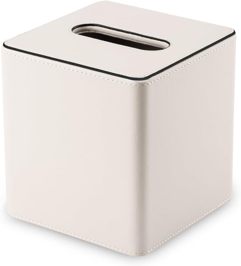 KINGFOM Leather Tissue Box Cover – Square Modern PU Leather Tissue Holder, Cube Tissue Dispenser for Home, Office, Bedroom, Bathroom – Elegant Minimalist Style (Ivory White-Square) - Image 3