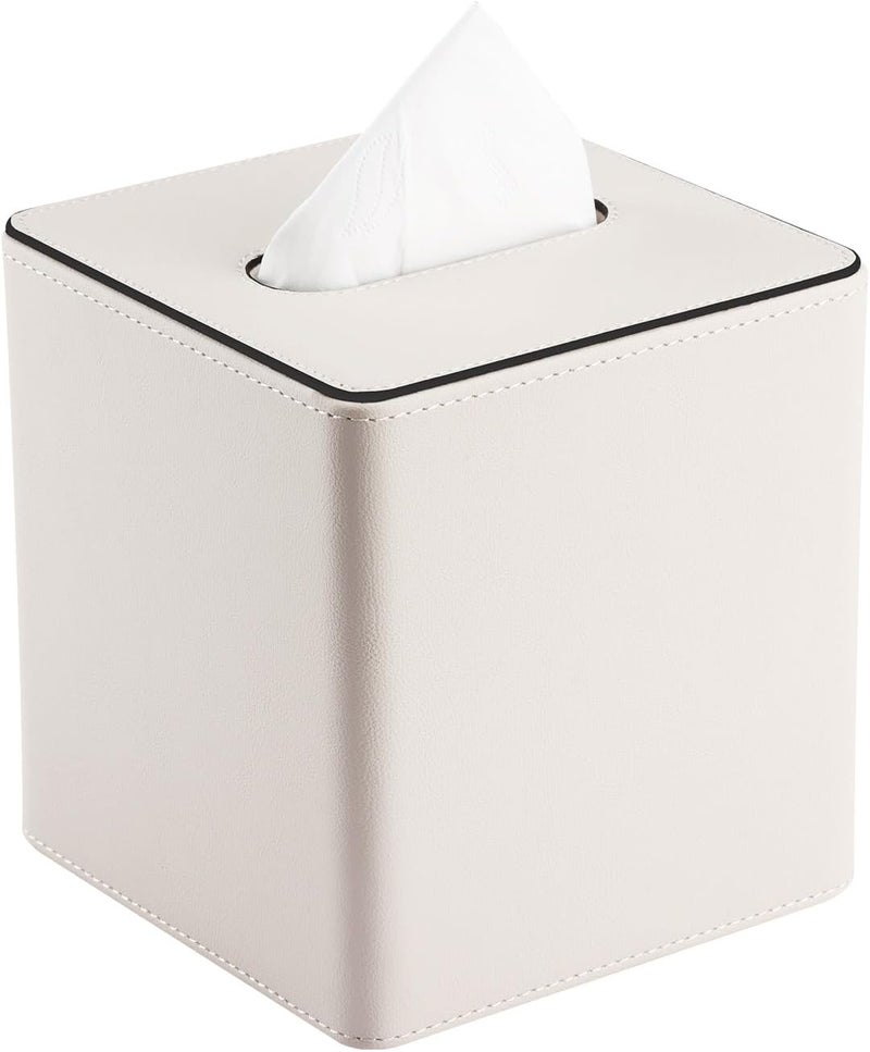 KINGFOM Leather Tissue Box Cover – Square Modern PU Leather Tissue Holder, Cube Tissue Dispenser for Home, Office, Bedroom, Bathroom – Elegant Minimalist Style (Ivory White-Square) - Image 1