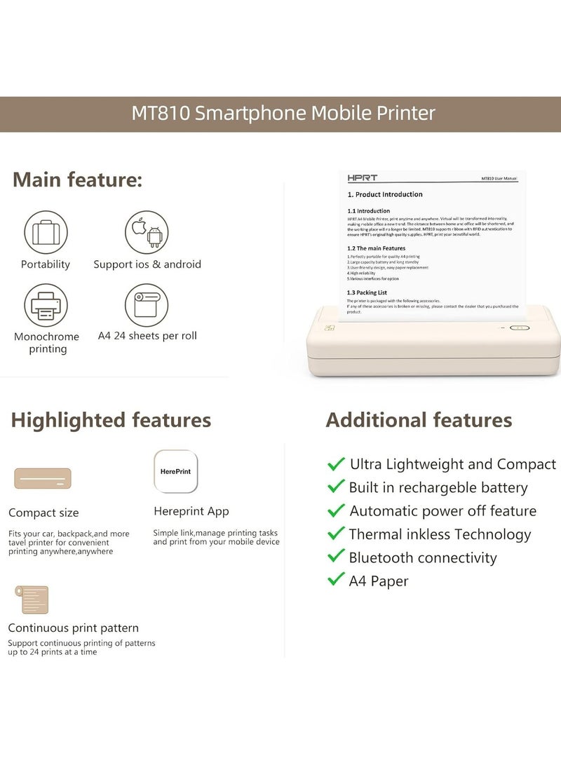 HPRT Home Printer Compact MT810, Mobile Potable Printing for Travel Wireless, Slim Bluetooth Small Printer for Home, Office, Vehicles Inside Paper Roll - Image 3