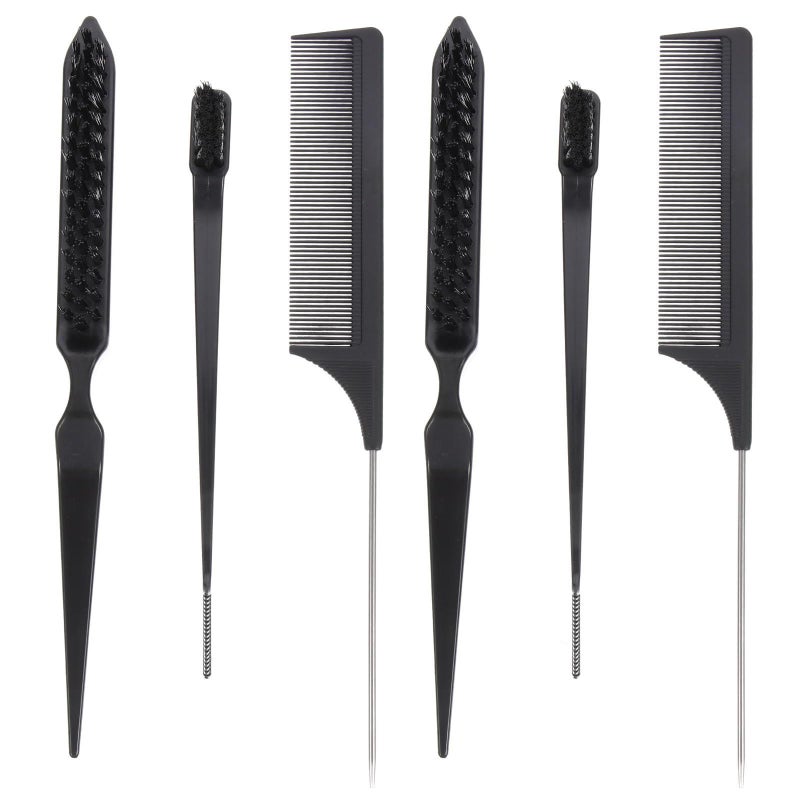 6Pcs Black Hair Brush Comb Set with Teasing Comb and Pin Tail for Salon Styling - Image 2