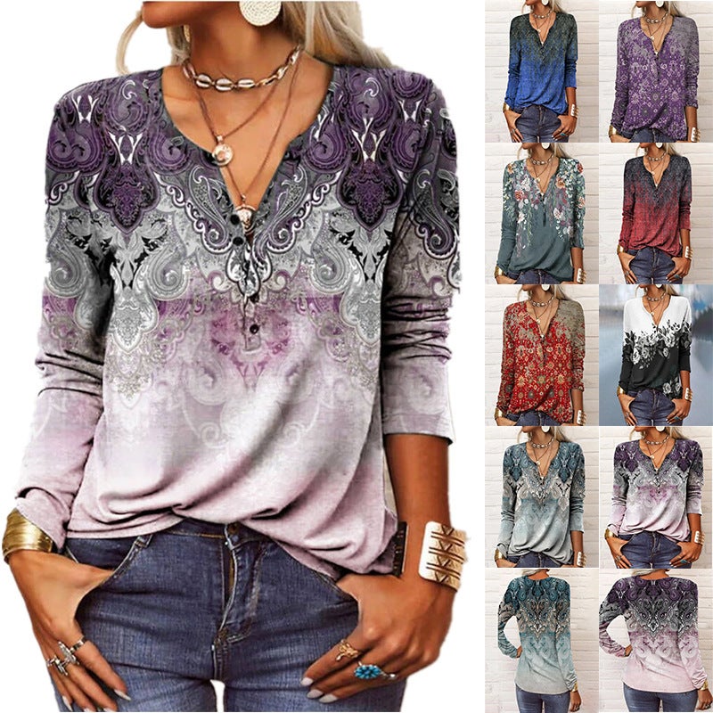 2023 wish new women's long-sleeved printed ethnic fashion T-shirt women - Image 2