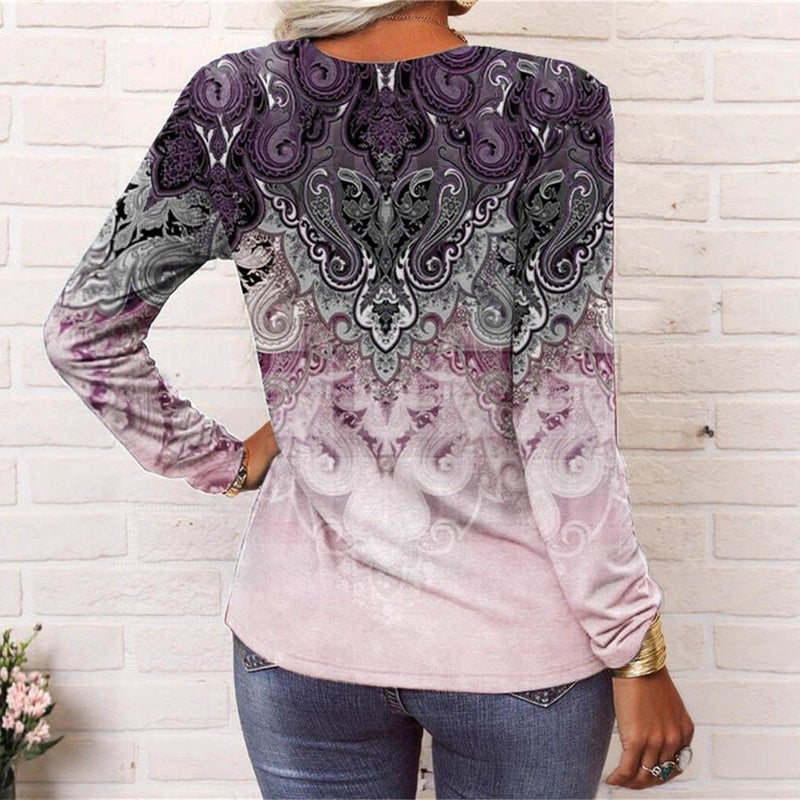 2023 wish new women's long-sleeved printed ethnic fashion T-shirt women - Image 3