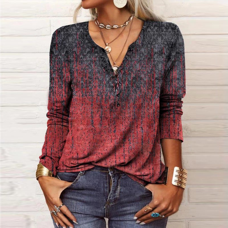 2023 wish new women's long-sleeved printed ethnic fashion T-shirt women - Image 4