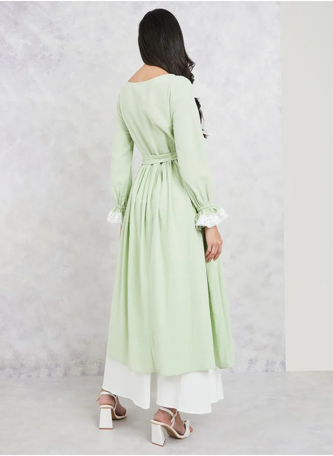 Styli Lace Detail Double Layer A-Line Maxi Dress