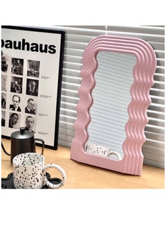 Bluejw Aesthetic Wave Pattern Irregular Frame Mirror, Decorative Desk Wall Mirror for Living Room Bedroom Hallway Home Decor (Pink)  - Image 1