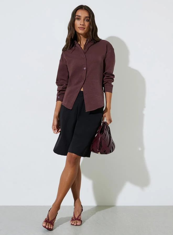 ستايلي Burgundy Plain Long Sleeves Oversized Shirt