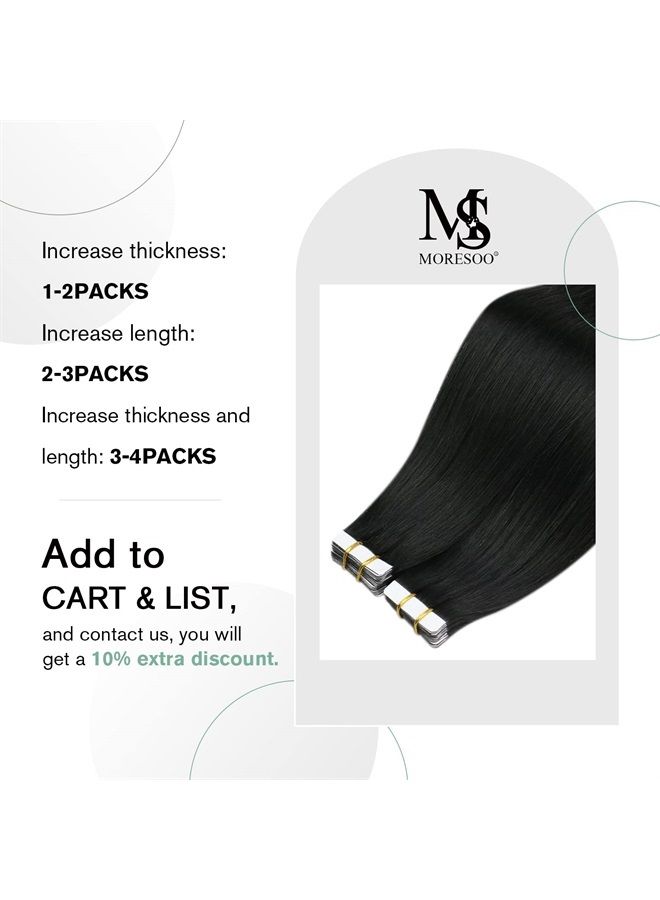 Moresoo Tape in Human Hair Extensions Black Tape in Hair Extensions Human Hair Jet Black Hair Extensions Real Human Hair Tape in Skin Weft Hair Extensions 12 Inch 20pcs 30g #1