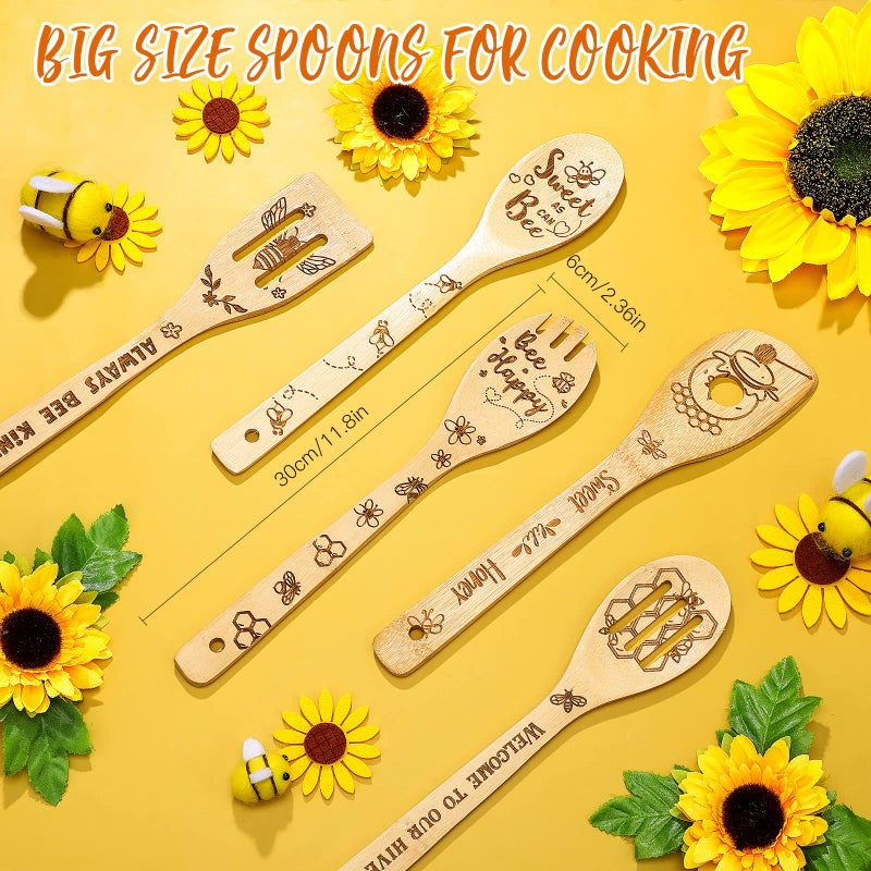 Minatee 7 Pcs Bee Kitchen Decor Set  Including 2 Pcs Bee Kitchen Towels and 5 Pcs Cute Bee Wooden Spoons Rustic Bamboo Utensils Gifts for Housewarming Bridal Shower Anniversary - Image 3