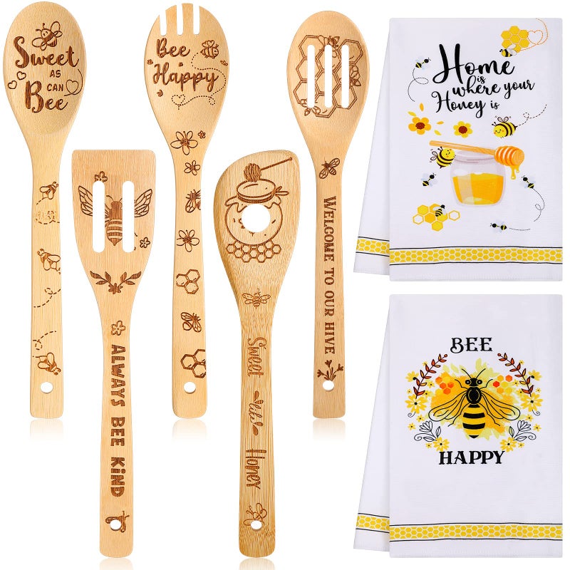 Minatee 7 Pcs Bee Kitchen Decor Set  Including 2 Pcs Bee Kitchen Towels and 5 Pcs Cute Bee Wooden Spoons Rustic Bamboo Utensils Gifts for Housewarming Bridal Shower Anniversary - Image 1
