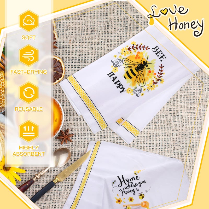 Minatee 7 Pcs Bee Kitchen Decor Set  Including 2 Pcs Bee Kitchen Towels and 5 Pcs Cute Bee Wooden Spoons Rustic Bamboo Utensils Gifts for Housewarming Bridal Shower Anniversary - Image 4