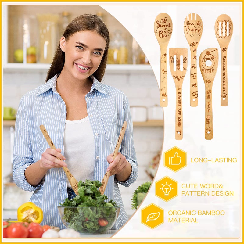 Minatee 7 Pcs Bee Kitchen Decor Set  Including 2 Pcs Bee Kitchen Towels and 5 Pcs Cute Bee Wooden Spoons Rustic Bamboo Utensils Gifts for Housewarming Bridal Shower Anniversary - Image 5