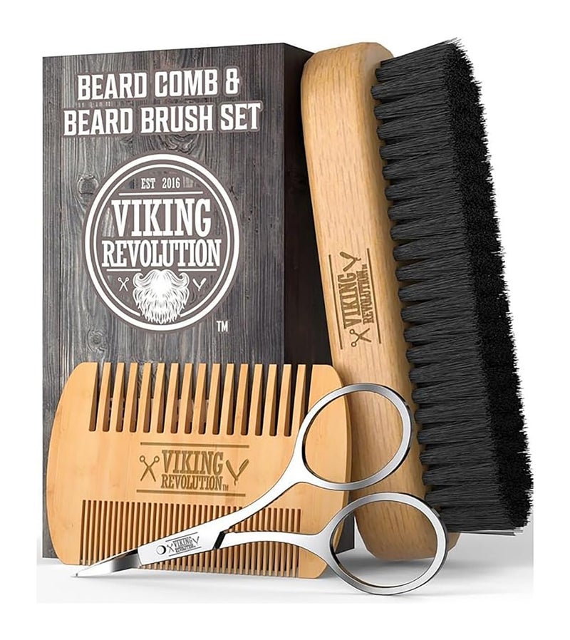 Viking Revolution Beard Comb Beard Brush Set for Men Natural Boar Bristle Brush and Dual Action Pear Wood Comb wVelvet Travel Pouch Great for Grooming Beards and Mustaches