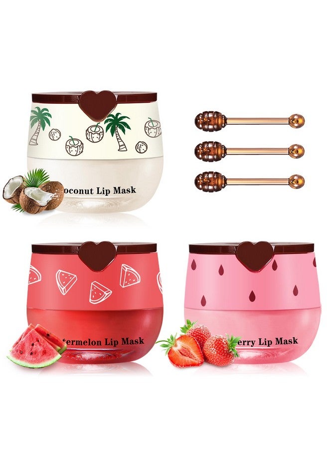 كيو اي يو اف اس اس اي مرطب شفاه QIUFSSE Honey Pot، 3 قطع مرطب شفاه بنكهة جوز الهند والبطيخ والفراولة، مرطب شفاه النحل مرطب شفاه العسل، قناع شفاه يمنع الجفاف والتشقق طوال الليل - Image 1