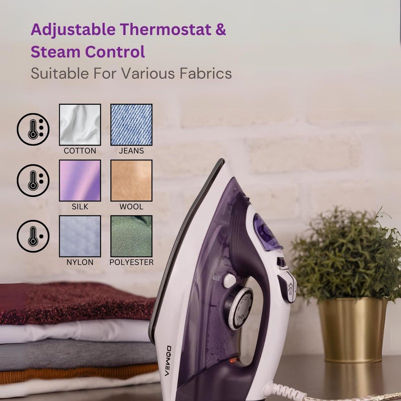 DOMEA Steam Iron, 2200 Watts Power | Adjustable Thermostat, Large Water Tank, Anti Drip Function, Ceramic Sole Plate, Anti Calc & Auto Clean, Spray & Steam Setting, All Fabrics, Home Fast Iron, White - Image 3