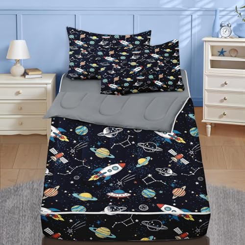 Nesker Zipper Bedding Twin Space Moon Universe Zip Up Bedding Set for Boys and Kids, Rockets Planets Stars 3 Pcs Comforter Bed in a Bag with Fitted Sheet and 2 Pcs Pillowcases - Image 1