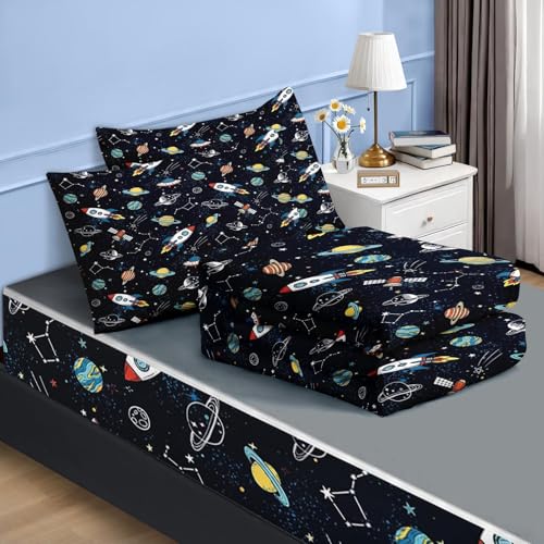 Nesker Zipper Bedding Twin Space Moon Universe Zip Up Bedding Set for Boys and Kids, Rockets Planets Stars 3 Pcs Comforter Bed in a Bag with Fitted Sheet and 2 Pcs Pillowcases - Image 2