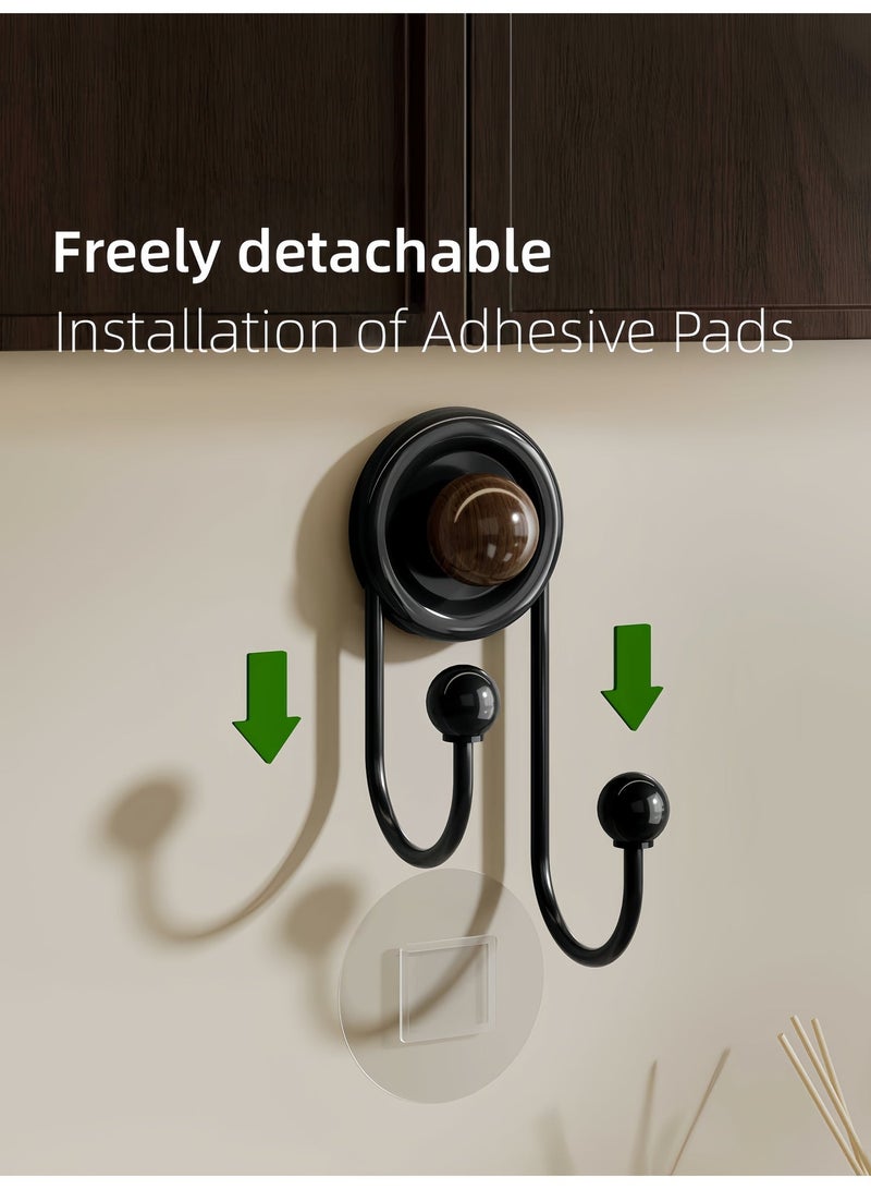 Genie Jar 2 Pack Adhesive Wall Hooks Modern Wooden Coat Hooks Double Hook No Drill Wall Mounted Decorative Hooks for Bathroom Entryway Towel Bag Hanger - Image 3