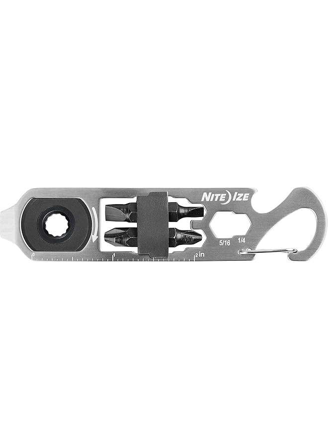 NITE IZE Doohickey Ratchet Key Tool Stainless Steel 6 In 1 Multitool Multi Tool With Bottle Opener Carabiner Clip Wrenches Ruler Phillips Bits Flat Bits Ratchet Pry Tool & Scoring Point - Image 2