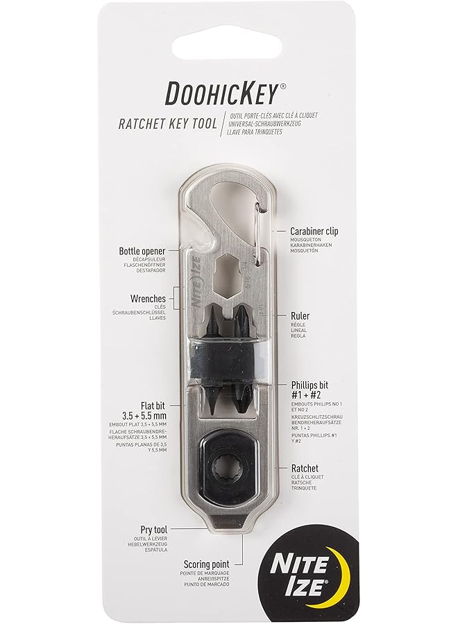 NITE IZE Doohickey Ratchet Key Tool Stainless Steel 6 In 1 Multitool Multi Tool With Bottle Opener Carabiner Clip Wrenches Ruler Phillips Bits Flat Bits Ratchet Pry Tool & Scoring Point - Image 1