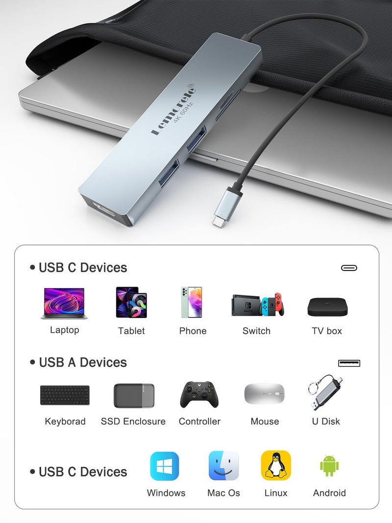 Lemorele USB C Hub 5 in 1 with 4K@30Hz HDMI Port, Space Aluminum Type C Hub Adapter, 2 USB, SD/TF, for MacBook Pro/Air, Windows System (Requires DP Alt Mode Support) - Image 3
