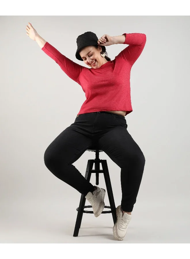 Instafab Plus Women's Crimson Red Basic Lounge Top For Casual Wear | Round Neck | Long Sleeve | Pull On Closure | Plus-Size Top Crafted With Comfort With For Everyday Wear