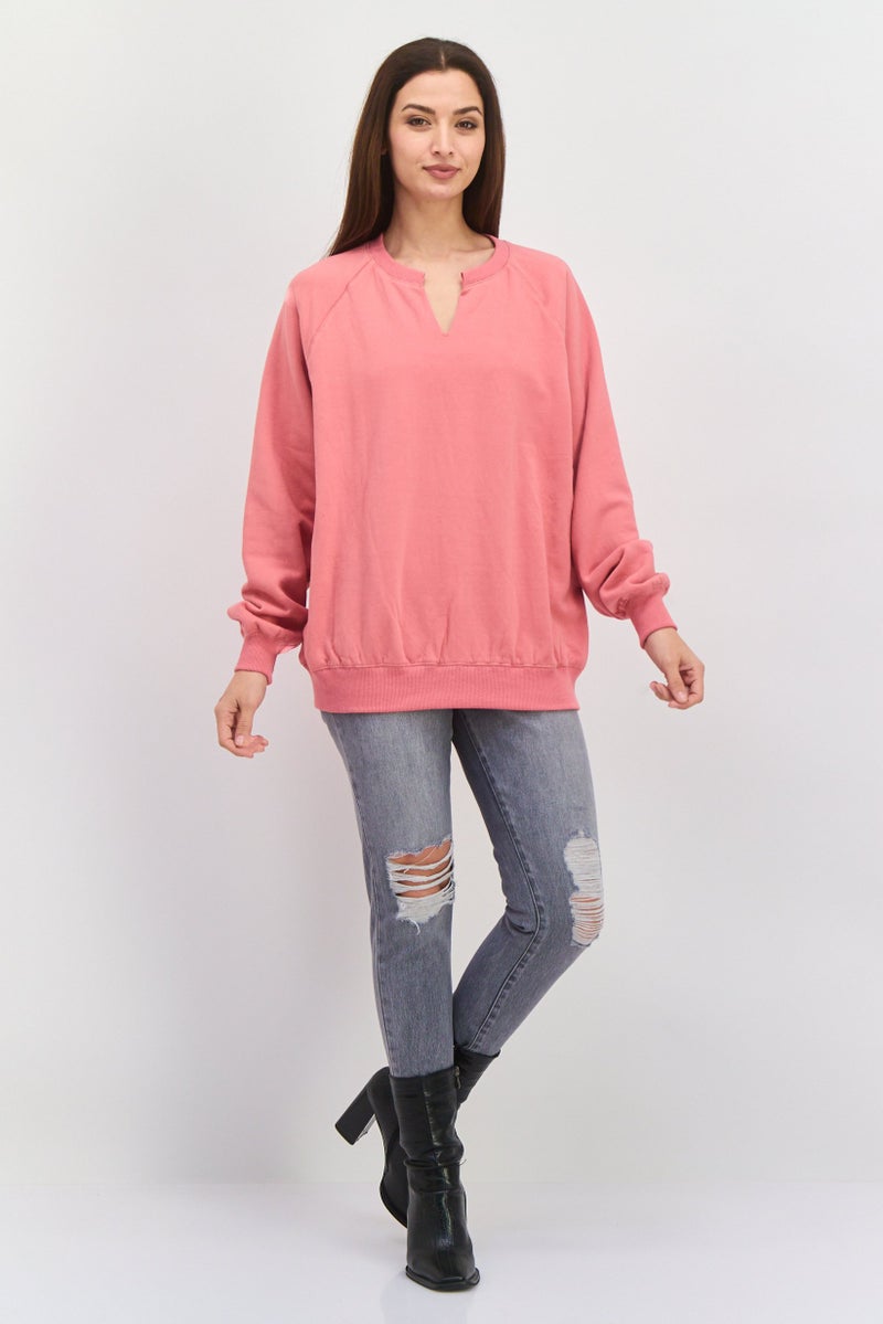 NIA سويت شيرت نسائي بأكمام طويلة وفتحة عنق على شكل V، بحجم كبير، وردي - Image 4