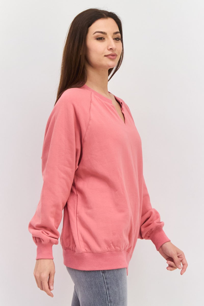 NIA سويت شيرت نسائي بأكمام طويلة وفتحة عنق على شكل V، بحجم كبير، وردي - Image 2