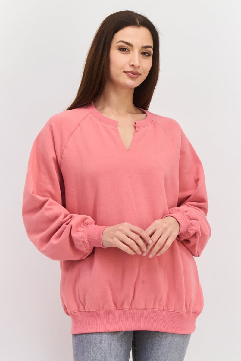 NIA سويت شيرت نسائي بأكمام طويلة وفتحة عنق على شكل V، بحجم كبير، وردي - Image 1