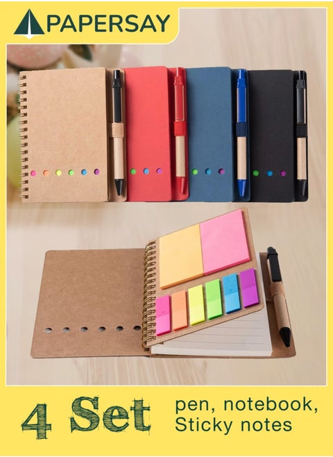 Spiral Notebooks for  Note Taking 4 Packs Small Notebooks with Pen in Holder and Sticky Notes, Page Marker Colored Index Tabs Flags (4 Colors Black/Red/Brown/Blue 4 Packs)