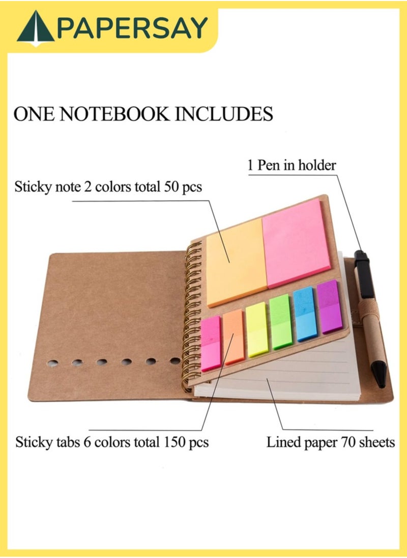 Spiral Notebooks for  Note Taking 4 Packs Small Notebooks with Pen in Holder and Sticky Notes, Page Marker Colored Index Tabs Flags (4 Colors Black/Red/Brown/Blue 4 Packs)